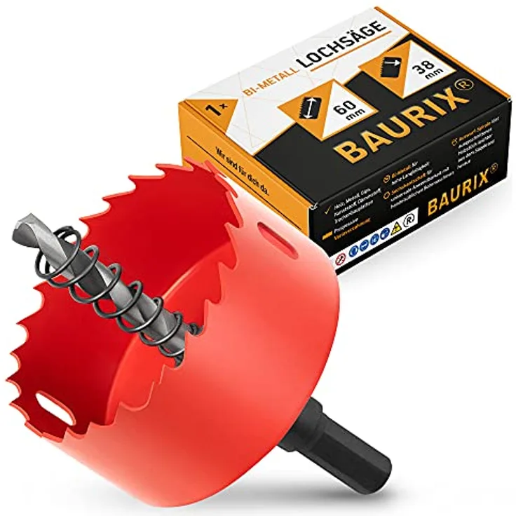 BAURIX® Bi-Metall-Lochsäge [60mm] für Trockenbau, Holz, Steckdose | Bi-Metall Lochbohrer für Metall, PVC | 38mm Bohrtiefe, Sechskantschaft | BAURIX