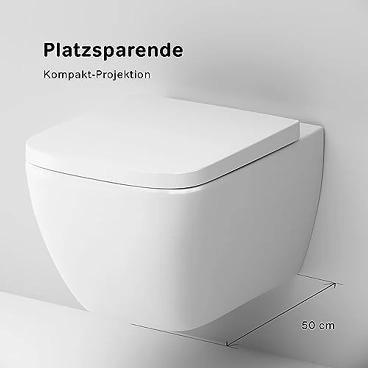 Spülrandloses WC quadratisch mit Softclose Toilettensitz, Toilette für Gäste-WC, Hänge-WC CGA1700SC Gem FlashClean aus Keramik, Wand-WC, 345mm kurz, Weiß – Bild 5