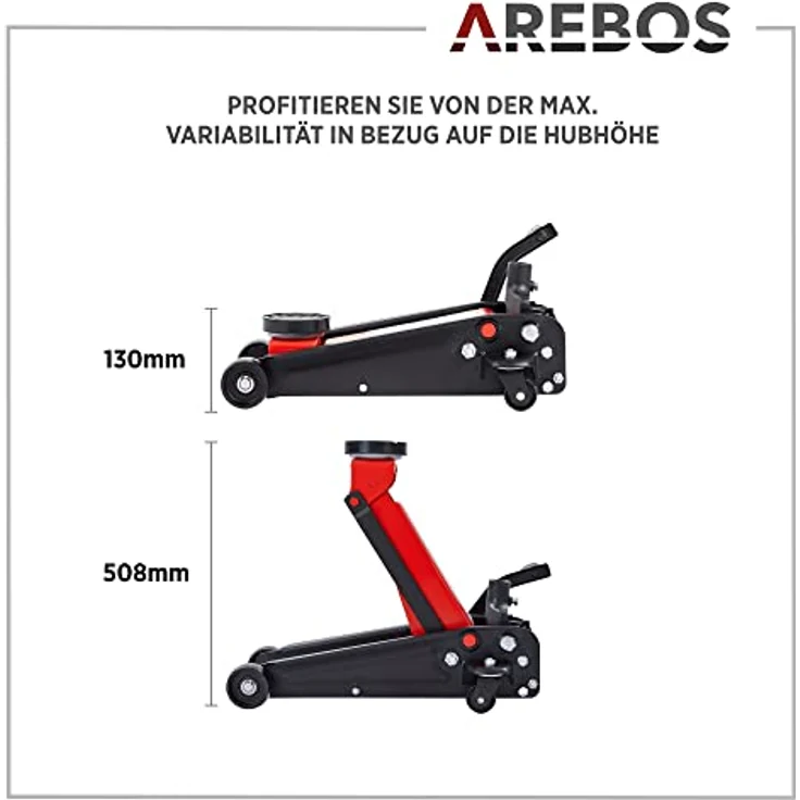 AREBOS 3T Hydraulischer Rangierwagenheber mit Fußpedal, 2x Unterstellbock, 3 Tonnen Tragkraft, 2x Auflagen - Schwarz/Rot, für einfaches und sicheres Arbeiten unter dem Auto in Werkstatt und Garage – Bild 6