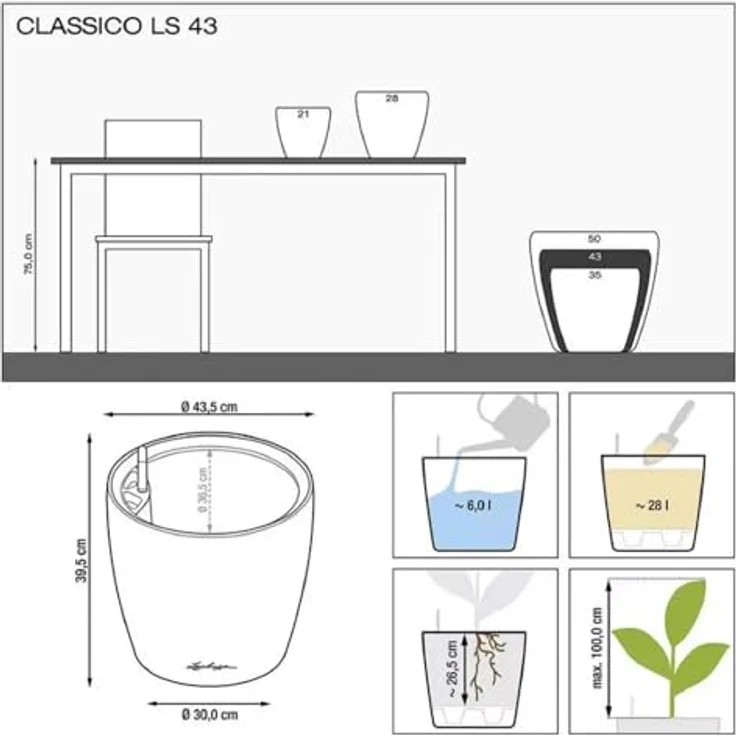 LECHUZA Classico Color LS Muskat, Pflanzgefäß mit Bewässerungssystem, Ø 43 × 39 cm, 28 l Pflanzvolumen, 6 l Wasserspeicher – Bild 3
