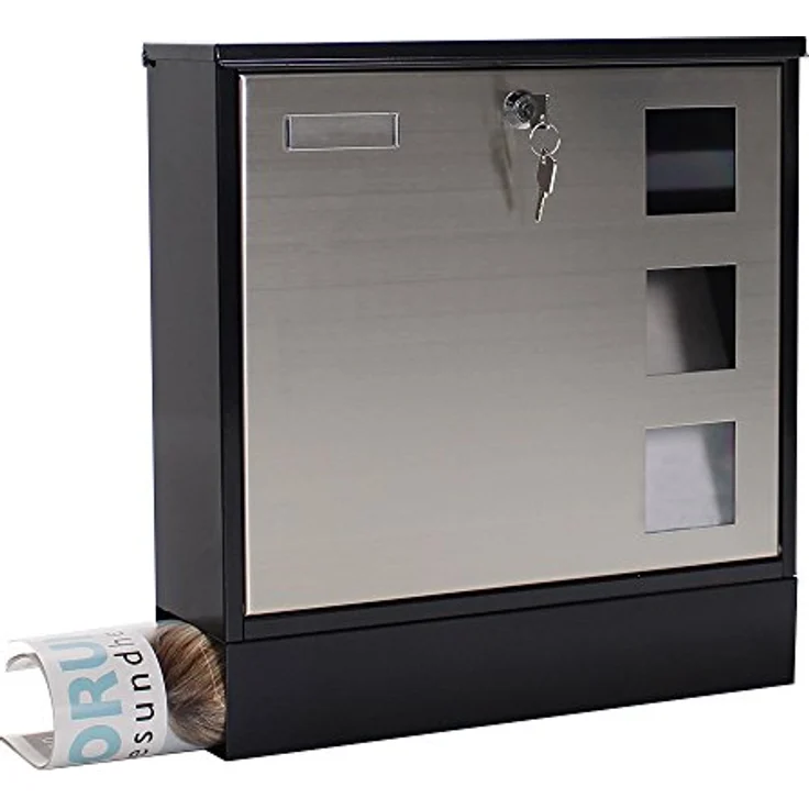 Rottner Briefkasten Design Mailbox schwarz, Tür aus Edelstahl, integrierte Zeitungsrolle, Namensschild, Sichtfenster, Zylinderschloss – Bild 3