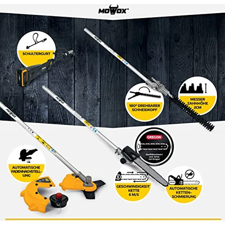 Mowox EBC 40 Li MT Set 40V 4-in-1 Gartenpflege Multitool-Set mit Rasentrimmer, Motorsense, Kettensäge und Teleskop-Heckenschere (ohne Akku) – Bild 4