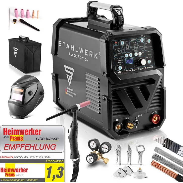 STAHLWERK Schweißgerät AC/DC WIG 200 Puls D IGBT Vollausstattung / digitales Schweißgerät mit 200 Ampere WIG & MMA, Job-Speicher, Alu & Dünnblech geeignet