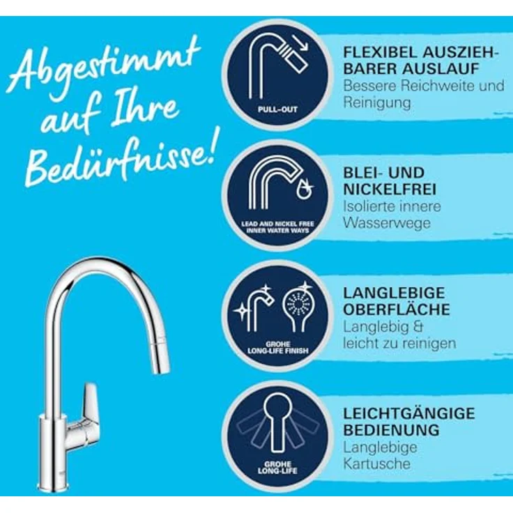 Grohe Start Edge, Einhand-Küchenarmatur Hochdruck, chrom, mit herausziehbarer Laminarbrause und schwenkbarem Auslauf – Bild 4