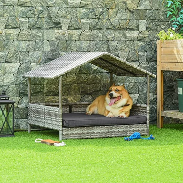 PawHut Rattan Hundehaus mit Kissen, Hundebett im Hausform, Outdoor Hundehütte für kleine, mittlere Hunde, Stahlrahmen, Grau, 69 x 98 x 70 cm - Preisvergleich – Bild 2