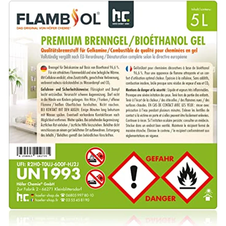 Höfer Chemie 8x 5 L FLAMBIOL® Premium Brenngel - Bioethanol, lange Brenndauer, für drinnen & draußen – Bild 4