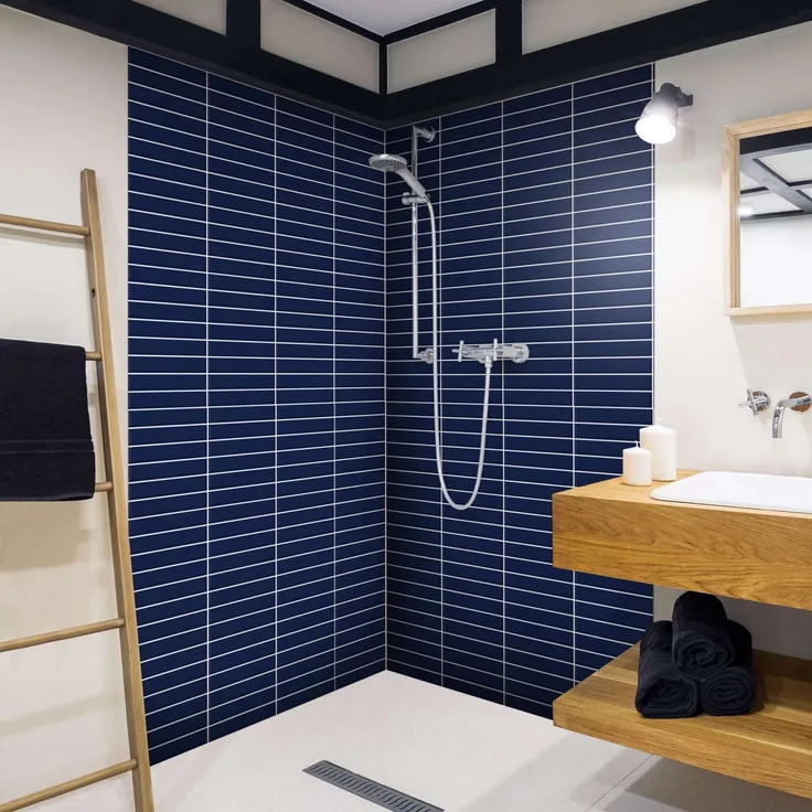 Apalis Home Duschrückwand selbstklebend, wasserfest mit Motiv, Fliesenoptik, fugenlos, smart matt, blau, 80x190 cm