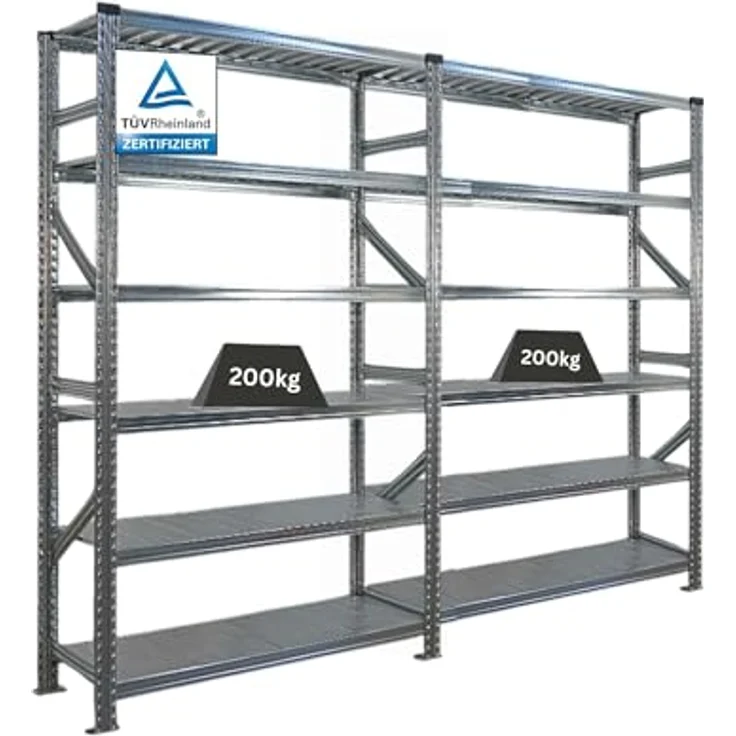 Proregal PROXIMO Metallregal Fachbodenregal, 210 x 120 x 50 cm, 6 Böden, Traglast 200 kg je Boden, verzinkter Stahl, schraubenloses Stecksystem – Bild 1