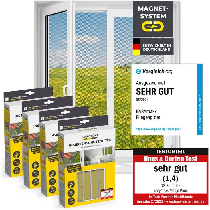 EASYmaxx Insektenschutz-Fensterrahmen Insect Protect Insekten- & Pollenschutzgitter 150 x 130 cm, (4-St), Moskitonetz zuschneidbar, Einfache Montage mit 12 Magneten, Weiß