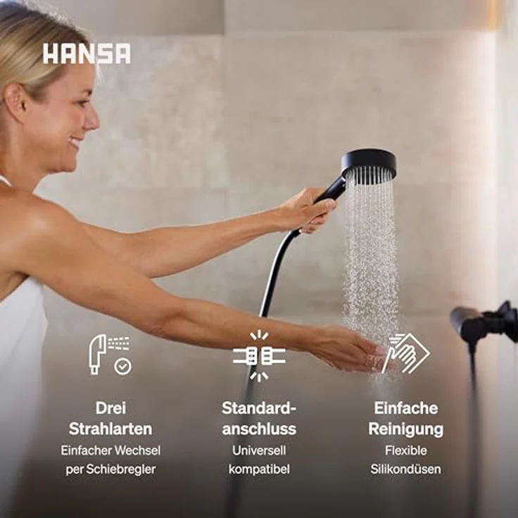 Hansa Basicjet Handbrause, 3-strahlig schwarz matt, Eco-Durchfluss, Anti-Kalk-Technik, Ø 95 mm – Bild 2