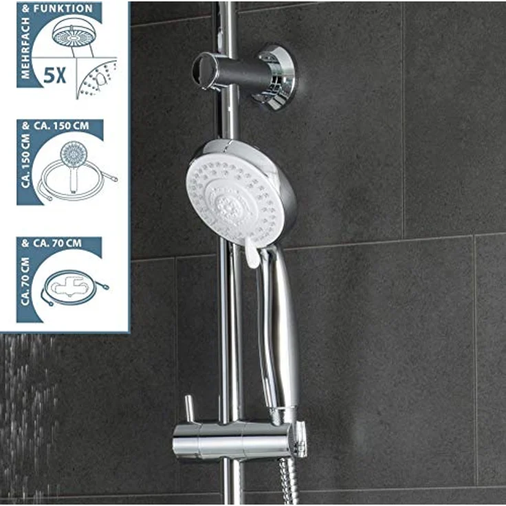 SCHÜTTE AQUASTAR Duschset Regendusche mit Ablage, Duschsystem mit 5-fach verstellbarer Handbrause, Duschsäule mit Duschkopf, Duschset in Chrom/Weiß – Bild 3