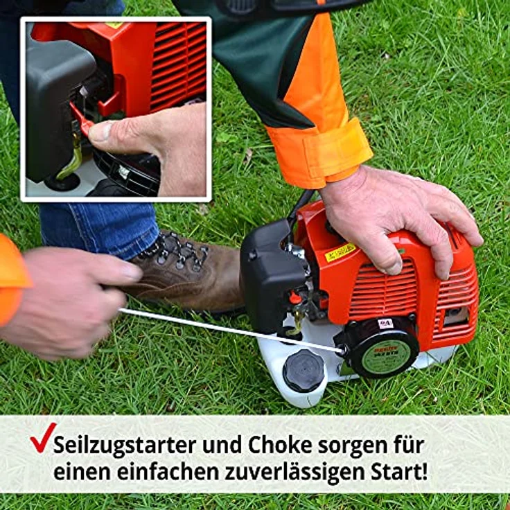 Hecht 142 BTS, Rasentrimmer mit 1,7 PS Benzinmotor, 43 cm Arbeitsbreite, Metallmesser und Fadenmähkopf, leichtes Design – Bild 7