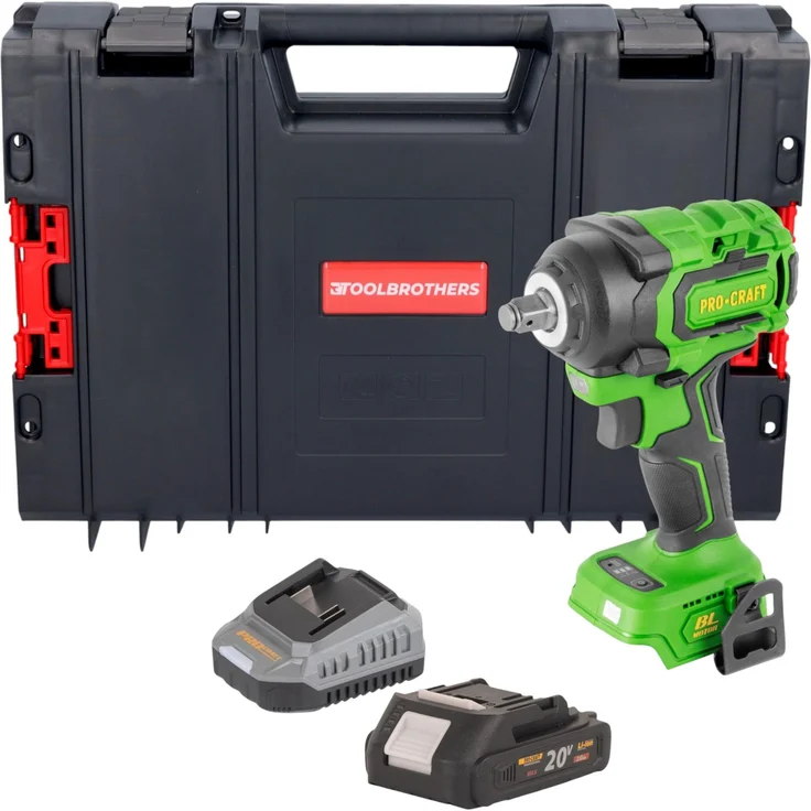 Procraft PWA18bb Akku Schlagschrauber 20 V, 550 Nm, 1/2" Brushless mit 2,0 Ah Akku, Ladegerät und RHINO Toolcase