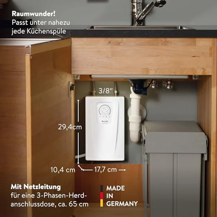 CLAGE CEX-U/EAK, elektronischer Küchen-Durchlauferhitzer Set mit Einhebel-Mischarmatur, 11-13,5 kW, LED-Sensorbedienfeld, Untertischmontage, VDE-GS geprüft – Bild 4