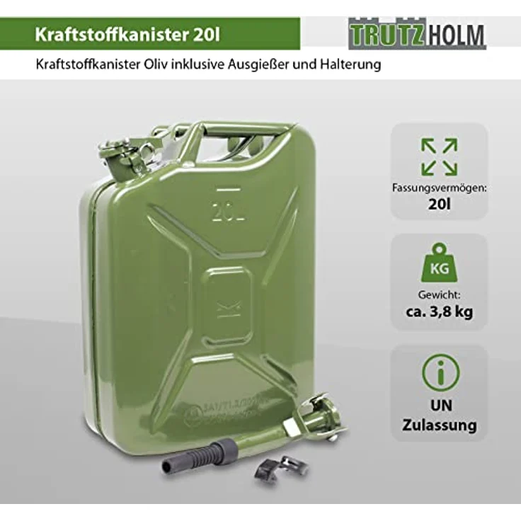 Baumarktplus Benzinkanister Kraftstoffkanister Metall 20 Liter Oliv inkl. Ausgießer + Halter – Bild 3