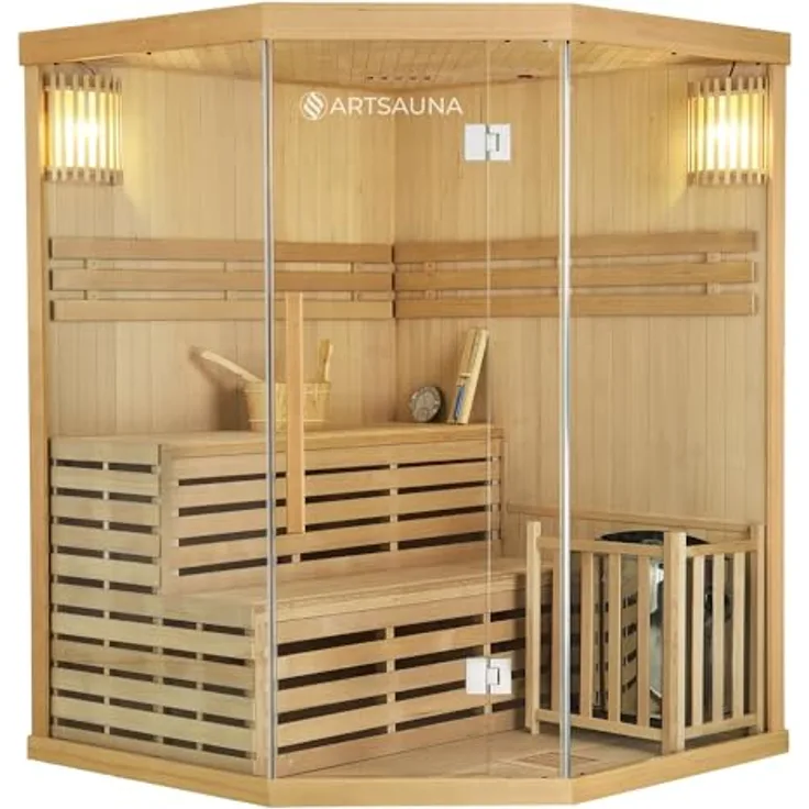 Artsauna Saunakabine Espoo150 Premium mit Harvia Ofen — 3 Personen — Hemlock Holz, Glasfront und LED Licht — Inkl. Thermometer & Sanduhr —Komplett Set