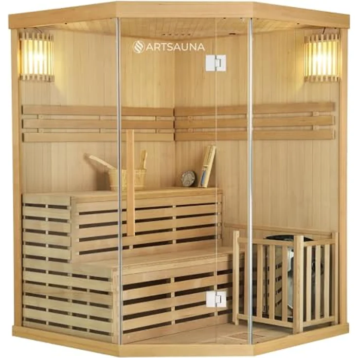 Artsauna Saunakabine Espoo150 Premium mit Harvia Ofen — 3 Personen — Hemlock Holz, Glasfront und LED Licht — Inkl. Thermometer & Sanduhr —Komplett Set – Bild 1