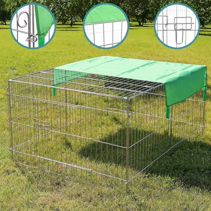 Wiltec Freilaufgehege für Kleintiere, 144 x 116 x 58 cm, stabiles und sicheres Laufstallgitter mit Sonnenschutz, verchromtes Metall, Türöffnung – Bild 2