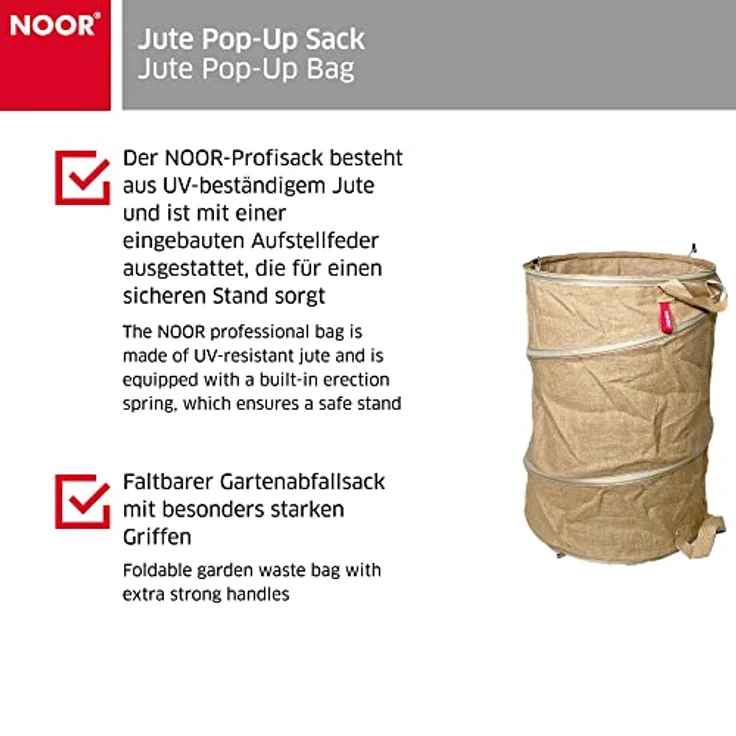 NOOR Jute Pop-Up Sack 160L (Größe L, Ø 52x75 cm) I Gartenabfallsack selbststehend I Faltbarer Laubsack I Gartensack für Schrebergärten, zum Ernten, Lagern & Transportieren von Gartenabfällen – Bild 3
