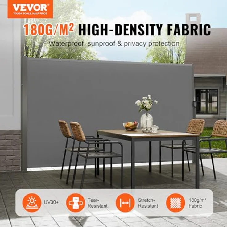 VEVOR Seitenmarkise 160 x 300 cm Seitenwandmarkise aus 180 g/m² Polyestergewebe mit PU-Beschichtung einziehbarer Griff mit Federmechanismus Grau – Bild 2
