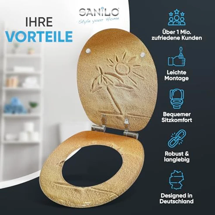 Sanilo WC Sitz Sunshine, Toilettendeckel aus Holz mit Absenkautomatik, antibakterieller Oberfläche, stabil und pflegeleicht – Bild 2