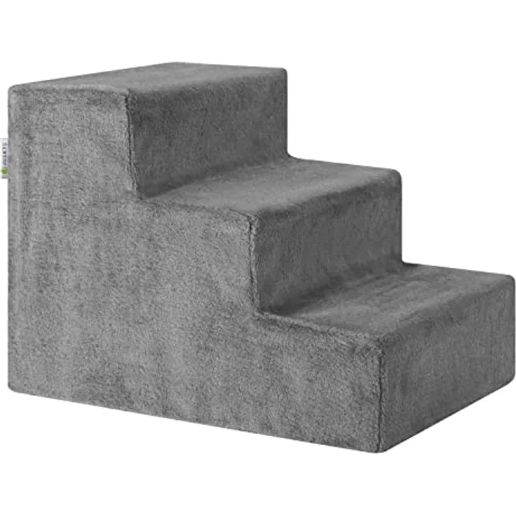 Juskys Haustiertreppe Hundetreppe 36 cm - Treppe 3 Stufen Plüsch-Bezug waschbar - Katzentreppe Hunderampe für Bett, Sofa, Couch und Auto - Bezug Grau