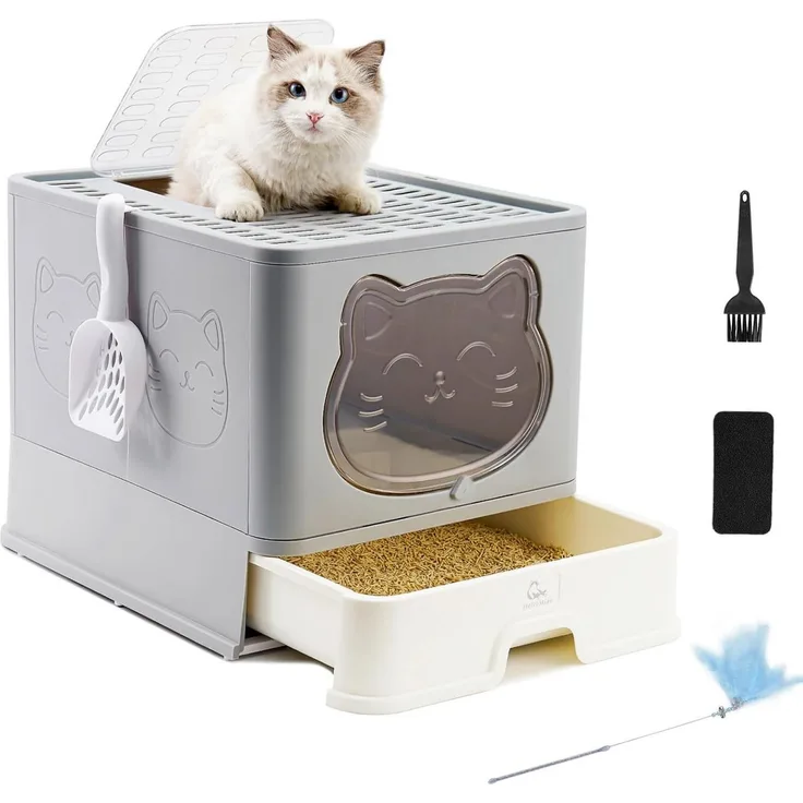 RAIKOU Katzentoilette Vollständig Geschlossene Katzentoilette mit Deckel Schubladentyp, Faltbar, Deodorierend, Schubladen-Design, Hochwertiges Material, Grau - Preisvergleich