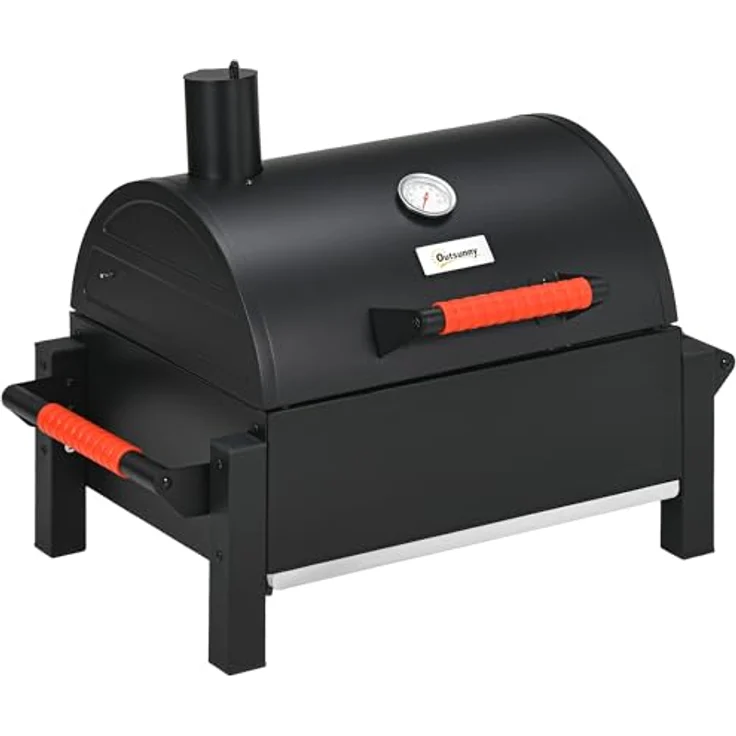 Outsunny Holzhohlgrill, Tischgrill mit Grillrost, Kohleschale, Campinggrill mit Deckel, Griff, Thermometer, Tischholzgrill für Picknick, Garten, Schwarz, 68,5 x 50 x 54 cm – Bild 1