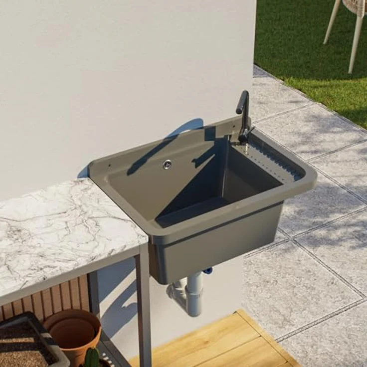 QLS Küchenspüle Gradia, Kunststoff-Spülbecken, 50 x 34 cm, mit Siphon, für draußen, Garten & Werkstatt – Bild 5