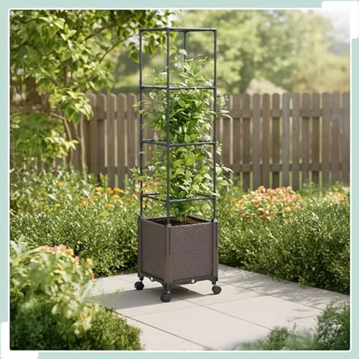 Relaxdays Pflanzkübel mit Rankgitter, 135x30x30 cm, anthrazit, Kunststoff und Stahl, mit Rollen für Garten und Terrasse – Bild 3