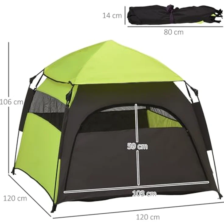 PawHut Haustierzelt, Hundezelt, Katzenhaus im Freien, Hundehaus mit Meshfenster, Hunde Tipi Zelt mit Tragetasche, Sonnendach für Hinterhof, Wohnzimmer, Grün – Bild 5