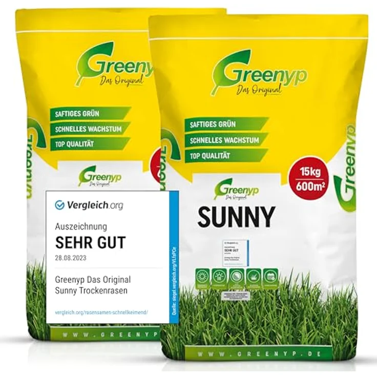 Greenyp® Sunny, dürreresistenter Trockenrasen, schnellkeimend, 30kg für 1200m², ideal für sonnige und trockene Böden – Bild 1