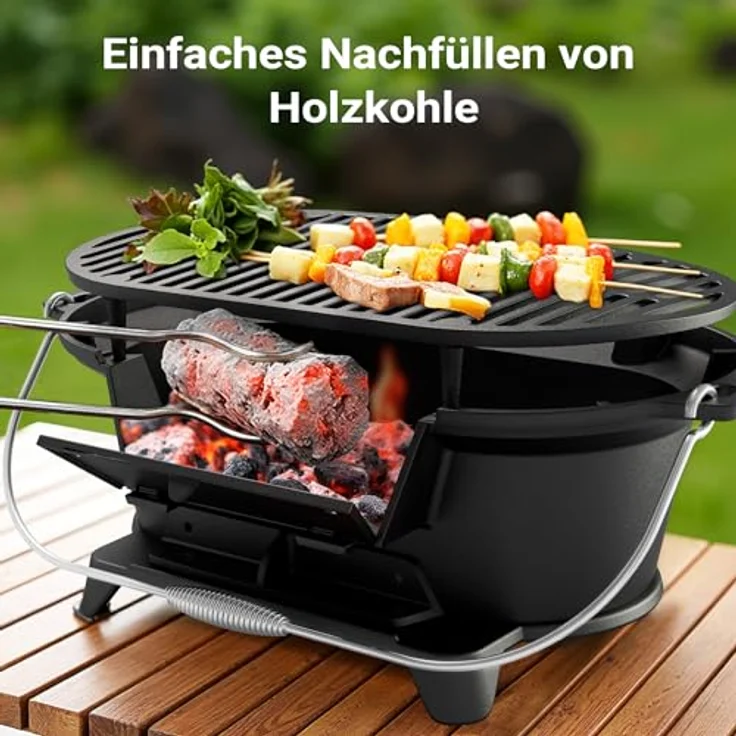 Wiltec Grilltopf aus Gusseisen, effiziente Hitzespeicherung, mit Abzugssystem, tragbar, schwarz – Bild 5