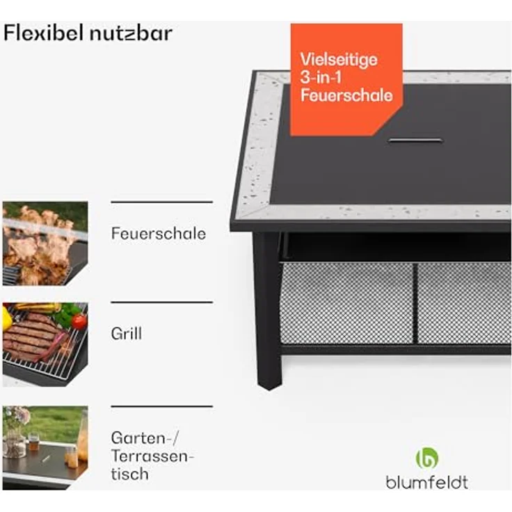 Blumfeldt Merano Avanzato, 3-in-1 Feuerschale mit Grillrost und Terrazzo-Tischplatte, robuster Stahlrahmen, inkl. Funkenschutz, Hitzeschild & Schürhaken, für Garten & Terrasse – Bild 3