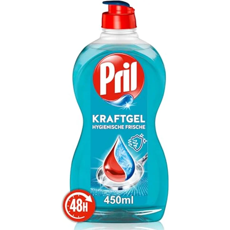 PRIL Kraftgel Hygienische Frische Geschirrspülmittel, 450 ml, blau, fettlösend, entfernt 48h eingetrocknete Verschmutzungen, praktische Dosieröffnung, Flasche aus 100% recyceltem Kunststoff – Bild 1