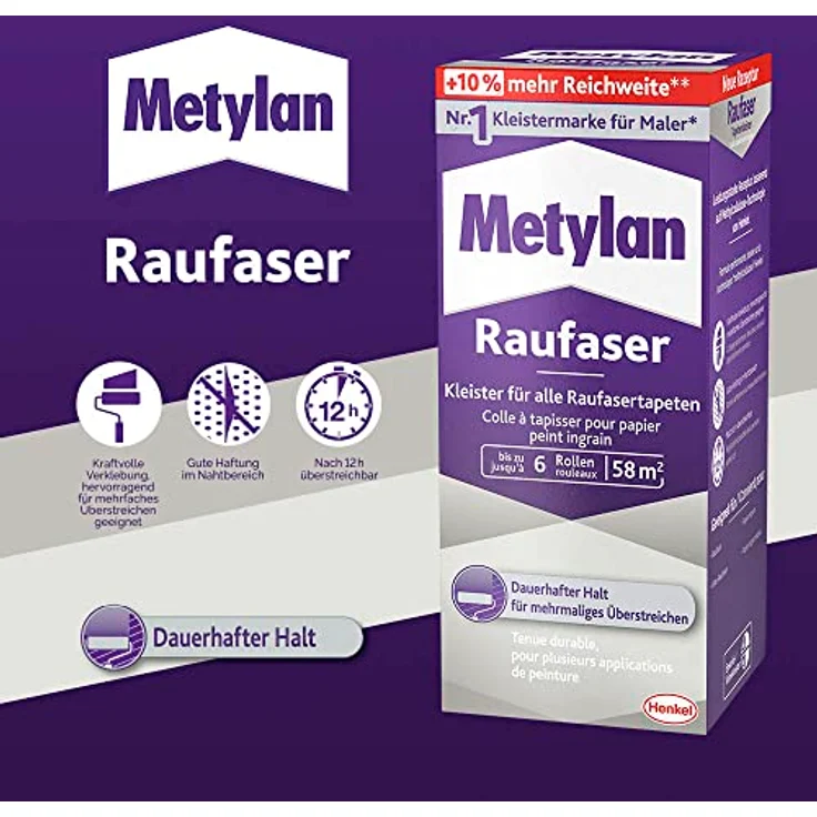 Metylan Raufaser, starker Tapetenkleister für Raufasertapete mit hoher Anfangsklebkraft, langlebiger & korrigierbarer Kleister mit Methylcellulose, 1x360g – Bild 4