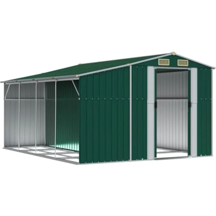 vidaXL Gerätehaus, Gartenhaus mit Schrägdach Griffe, Gartenschuppen Schuppen mit Stauraum, Geräteschuppen Metallschuppen, Grün 277x365,5x179 cm Verzinkter Stahl – Bild 3