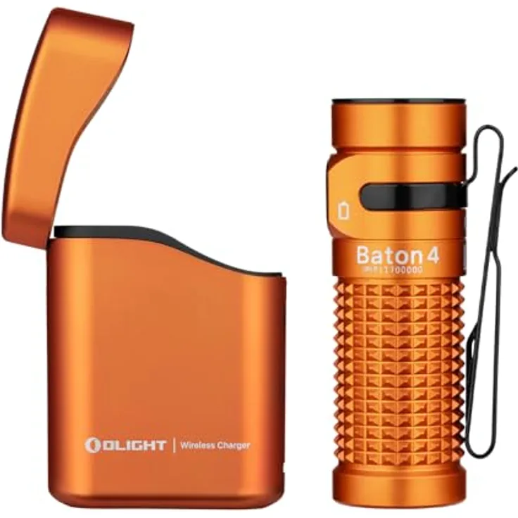 OLIGHT Baton 4 Kit, LED Taschenlampe aufladbar mit 1300 Lumen, 190 Tagen Laufzeit, 170m Leuchtweite, IPX8 wasserdicht, dimmbares Ladecase, orange
