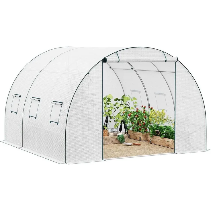 Woltu Tomatengewächshaus, BxTxH: 300 x 300 x 200,00 cm, Foliengewächshaus Winterfest, mit Tür 6 Fenstern, 300x300x200 cm, Stahlrohr, 140 g/ PE-Netzgewebe, Weiß, Grün