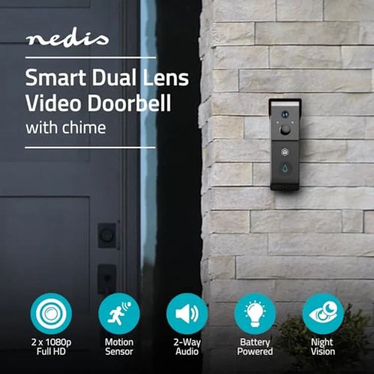 Nedis WIFICDP31BK, WLAN Video Türklingel mit Dual Lens, 4 MP 1080p, 115° Weitwinkel, Farbige Nachtsicht, Zwei-Wege-Audio, Bewegungserkennung, 4400 mAh Akku, Schwarz – Bild 2