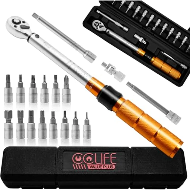 CCLIFE Drehmomentschüssel Auto 1/4'' 1-25 Nm, Drehmomentschlüssel Set für Fahrrad & Motorrad mit 100mm Verlängerungsstange, Universalgelenk, 19tlg, Präzise Drehmomenteinstellung – Bild 1