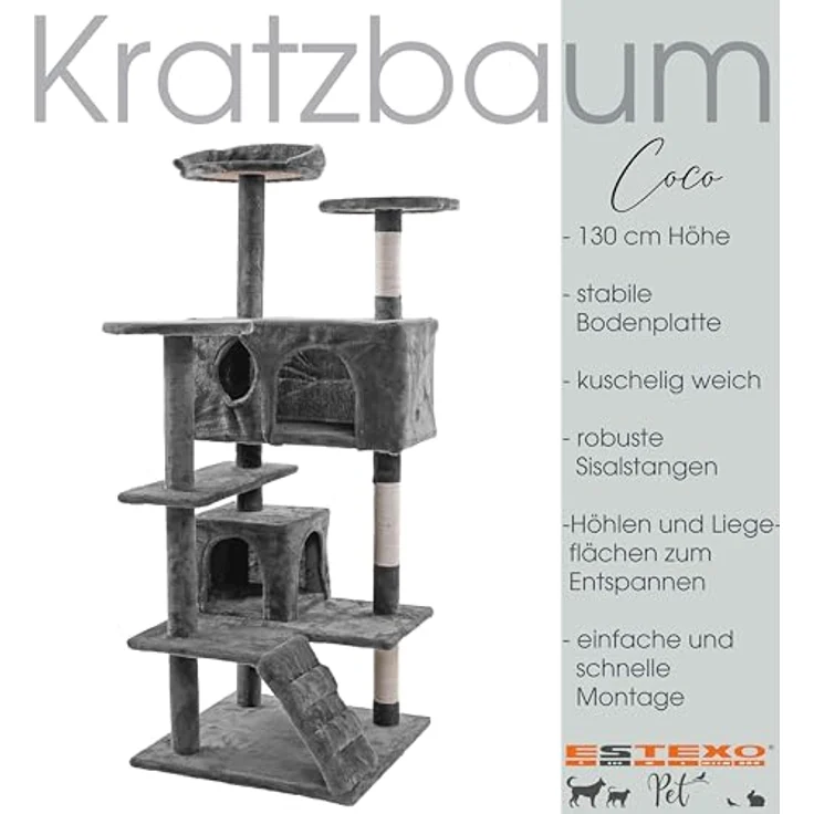 ESTEXO XL Kratzbaum Katzenbaum 130 cm Katzenkratzbaum Coco Kletterbaum Katzen Spielbaum Hellgrau, 3 Liegeflächen, 2 Höhlen, inkl. Spielzeug – Bild 4