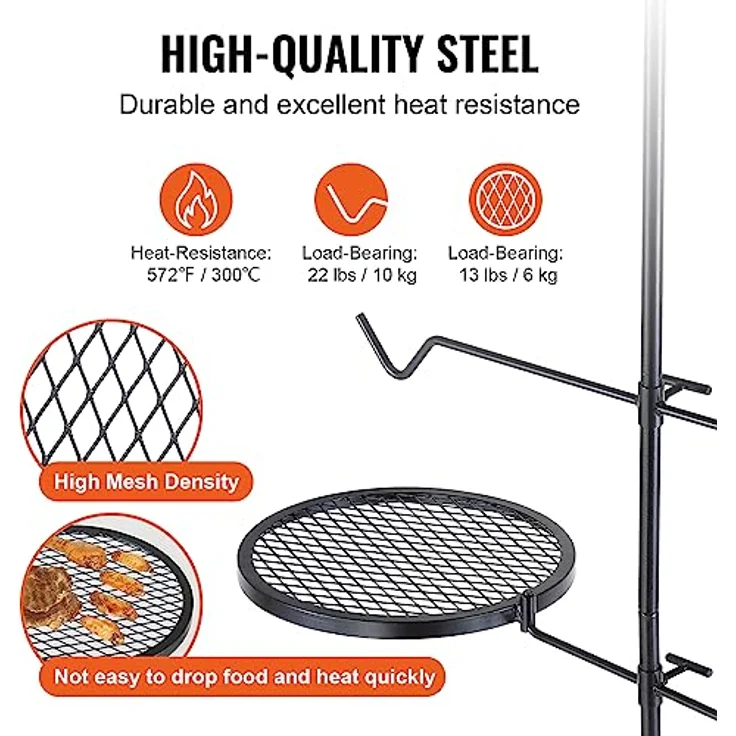 VEVOR Drehspieß Schwenkgrill Stahl 360 x 360 mm, Holzkohlegrill Doppelte Schichten Grillrost Grillgestell 6 kg Belastbarkeit 300 ℃ Freistehend Spießbratengrill BBQ Grill Grillwagen Barbecue Outdoor – Bild 3