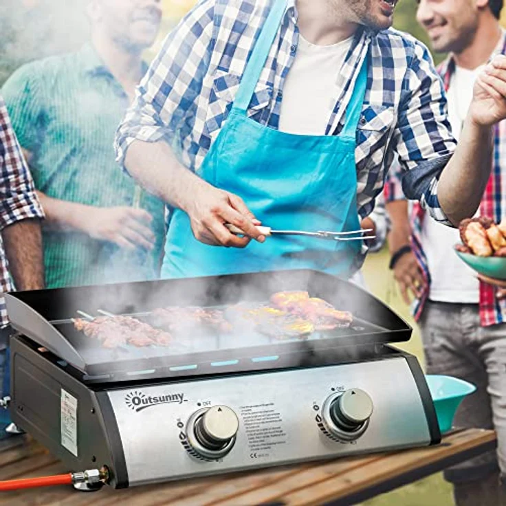 Outsunny Tischgrill Gasgrill BBQ mit 2 Brennern, Tischgasgrill mit Schlauch, Antihaft-Grillplatte, Campinggrill für Picknick, Garten, Edelstahl+Metall, Silber, 48,5 x 46 x 21 cm – Bild 2