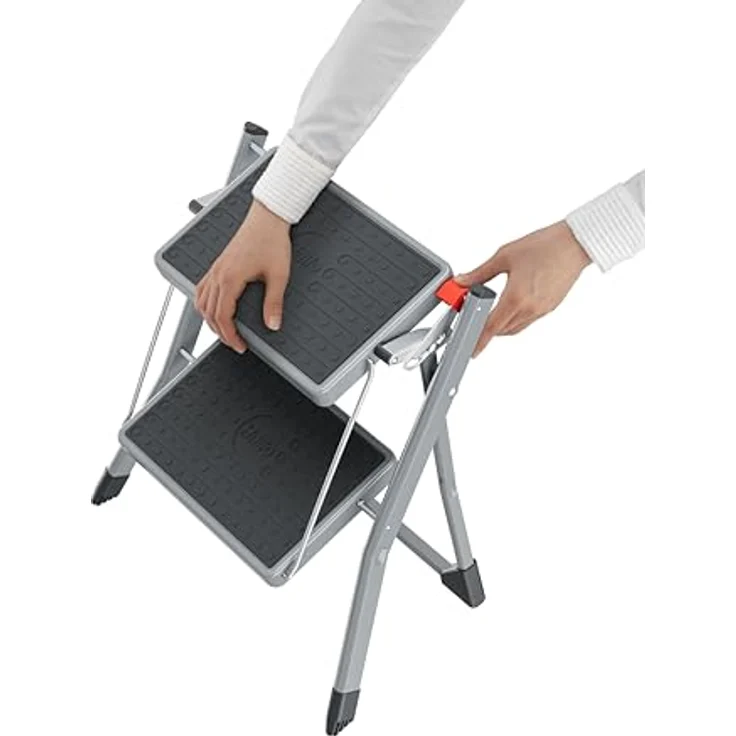 Hailo MK62 Standardline, Trittleiter aus Stahl mit 2 extra breiten Stufen, Anti-Rutsch-Matten, belastbar bis 150 kg, Klappsicherung, Tragegriff, kompakt klappbar – Bild 2