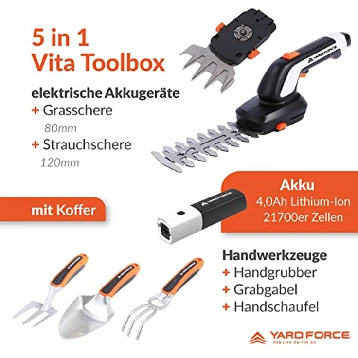 Yard Force VITA Werkzeugkoffer mit 4V / 4Ah Akku, Akku Gras und Strauchschere, Handschaufel, Handgrubber, Handgrabgabel, HX V05S, Weiß – Bild 2