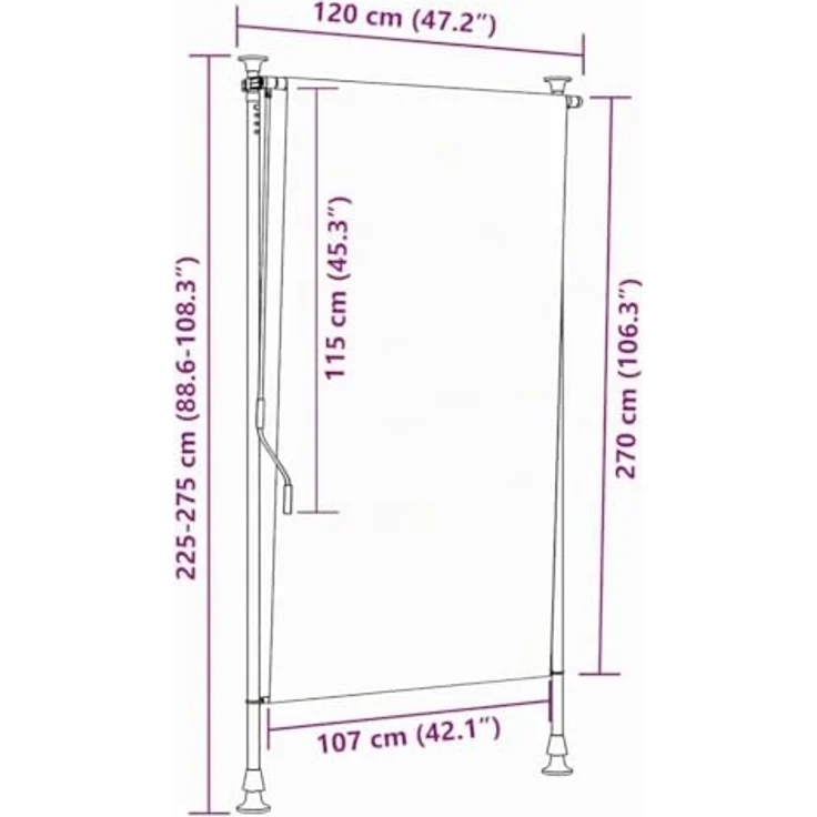 vidaXL Außenrollo 120 x 270 cm Creme, Senkrechtmarkise mit Handkurbel und höhenverstellbaren Pfosten – Bild 2