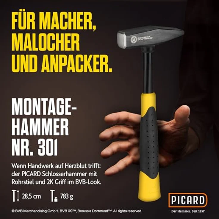 PICARD Hammer Montagehammer RS301, 500g Schlosserhammer mit schwarz-gelackt Kopf und ergonomischem 2K Griff im BVB-Look – Bild 2