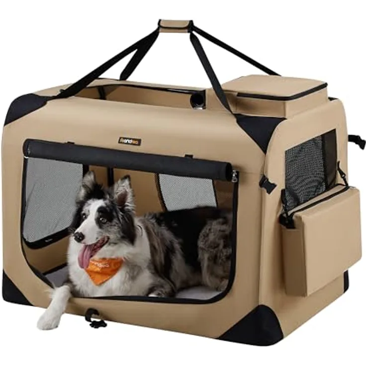 Feandrea Hundebox faltbar, Transportbox Hund, XXL, atmungsaktiv, tragbar, Metallrahmen, 91 x 63 x 63 cm, Kamelbraun