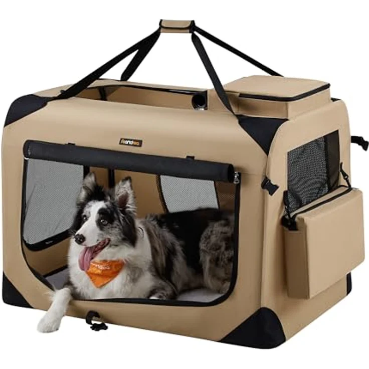 Feandrea Hundebox faltbar, Transportbox Hund, XXL, atmungsaktiv, tragbar, Metallrahmen, 91 x 63 x 63 cm, Kamelbraun – Bild 1